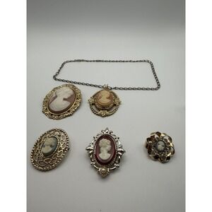 Vintage Cameo Jewelry Lot 5pc Brooches Pendant Necklace Gold Silver Tone